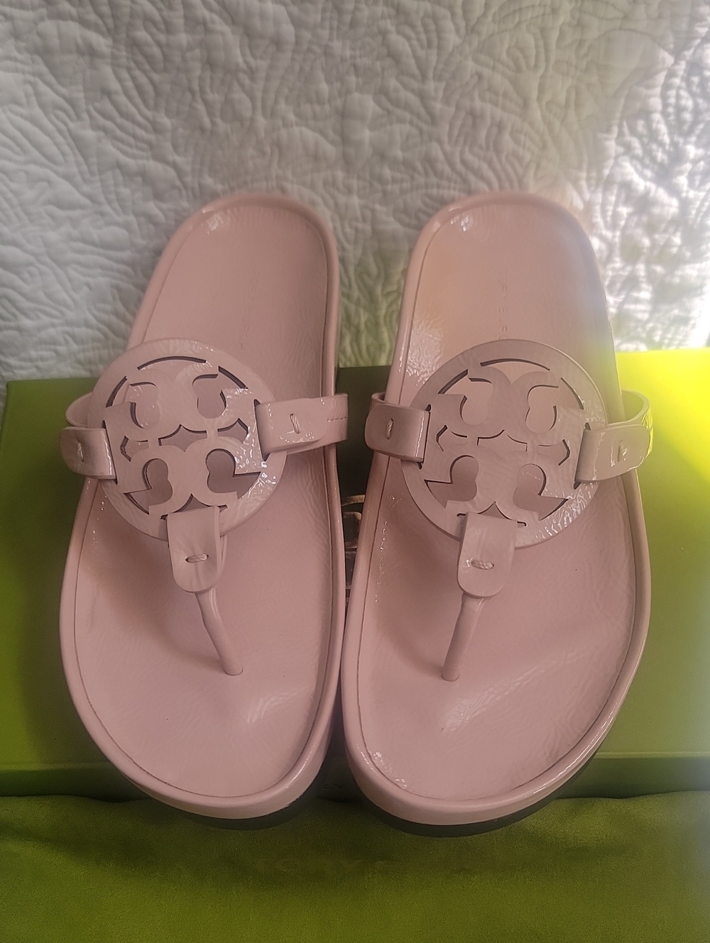 Tory Burch Light Pink Patent Logo Thong Sandals
